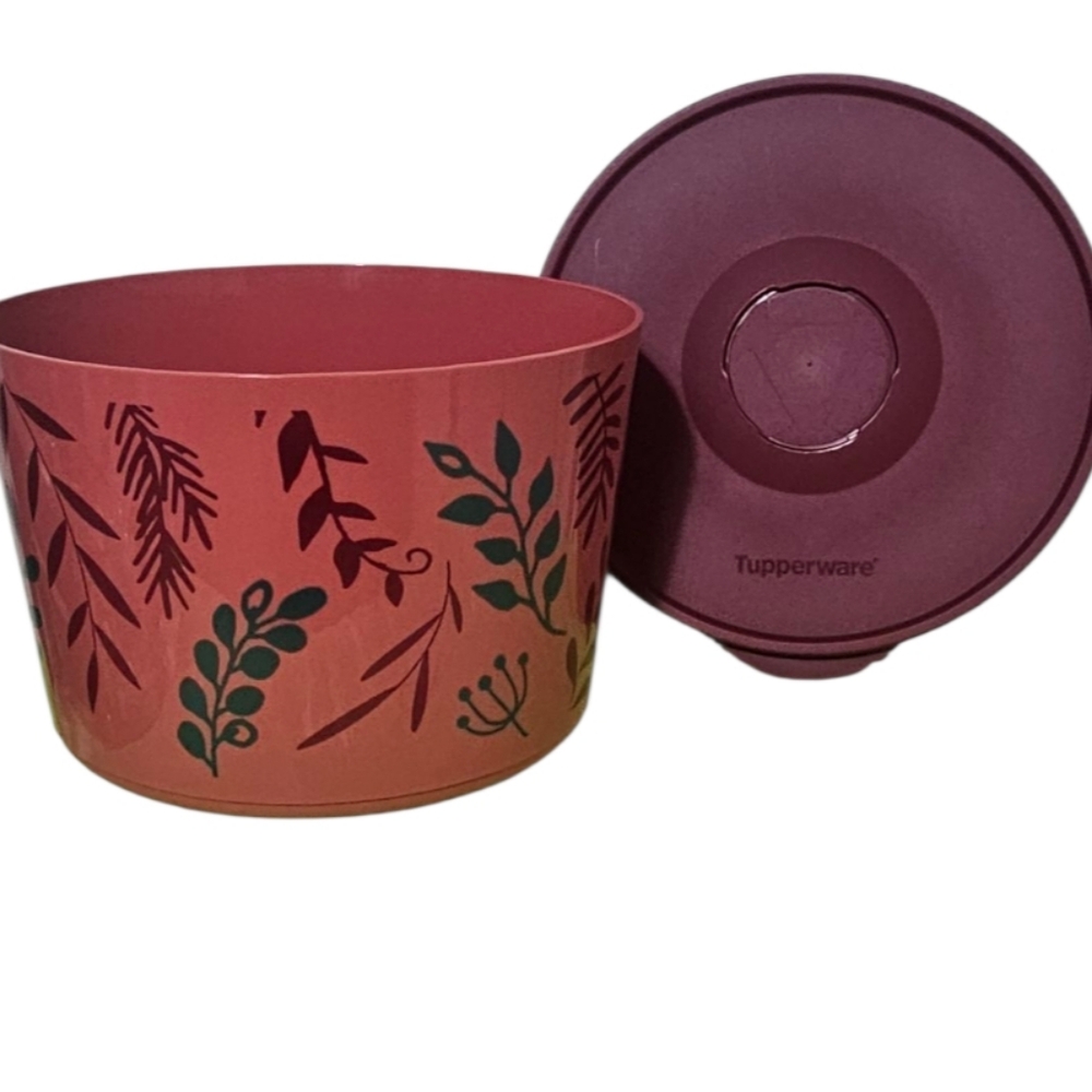 Tupperware Pink and Red Leaf Design Container - Picture 2 of 2